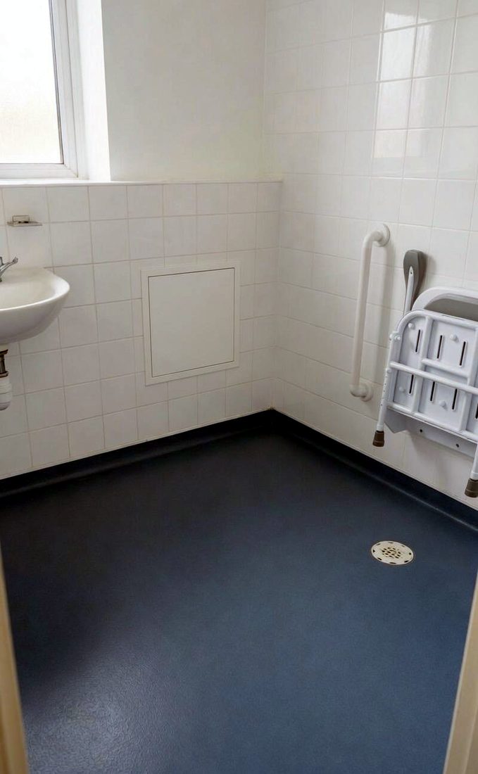 Accessible wet room with anti-slip safety flooring, fold down seat and grab rail